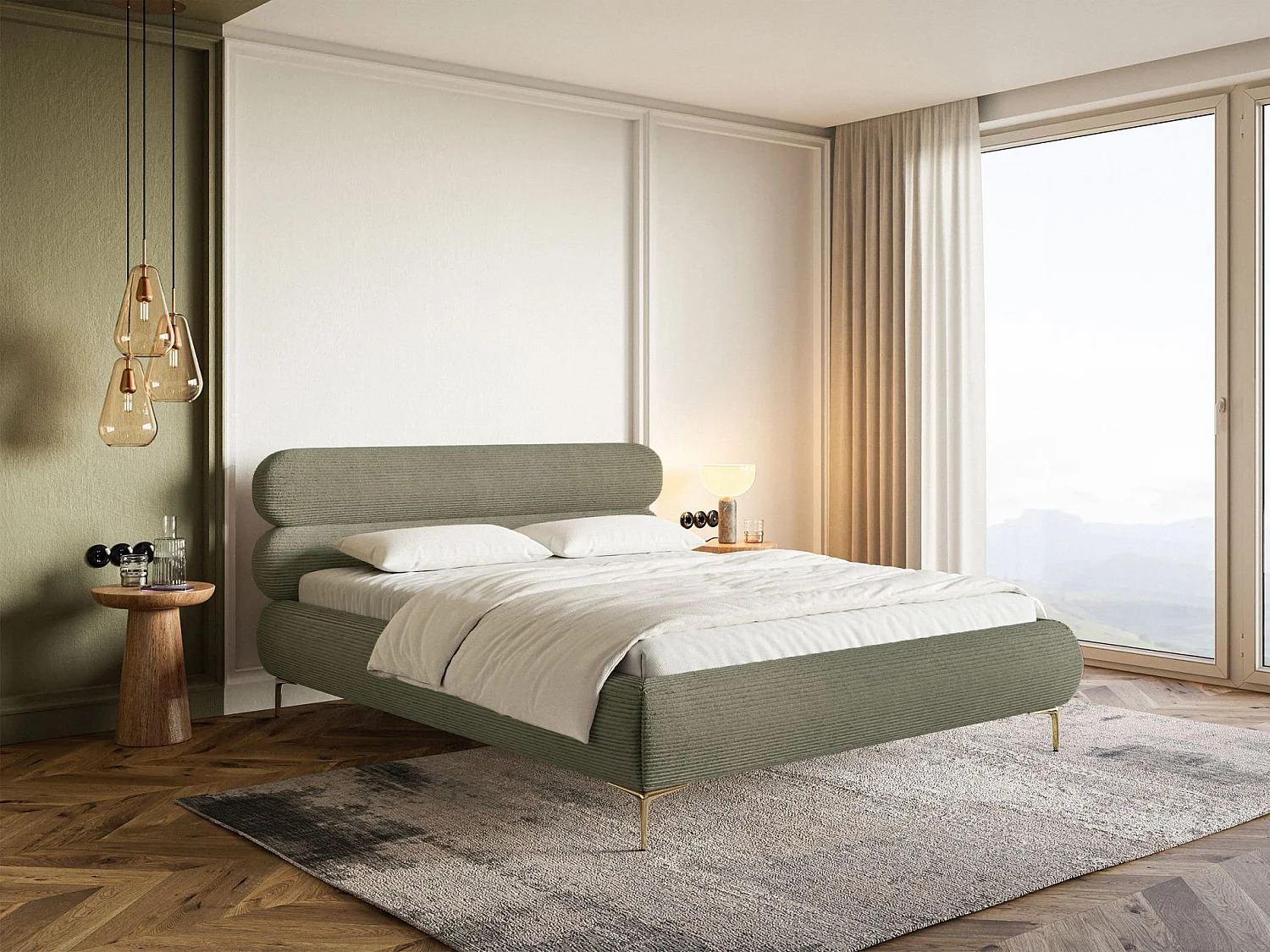 Polsterbett 180x200 mit Bettkasten – Cordstoff – goldfarbenen Füßen – Olivgrün – ROULE CORD