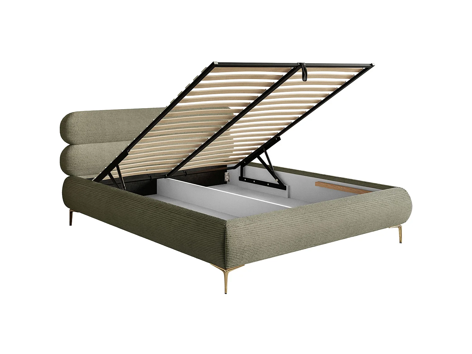 Polsterbett 180x200 mit Bettkasten – Cordstoff – goldfarbenen Füßen – Olivgrün – ROULE CORD