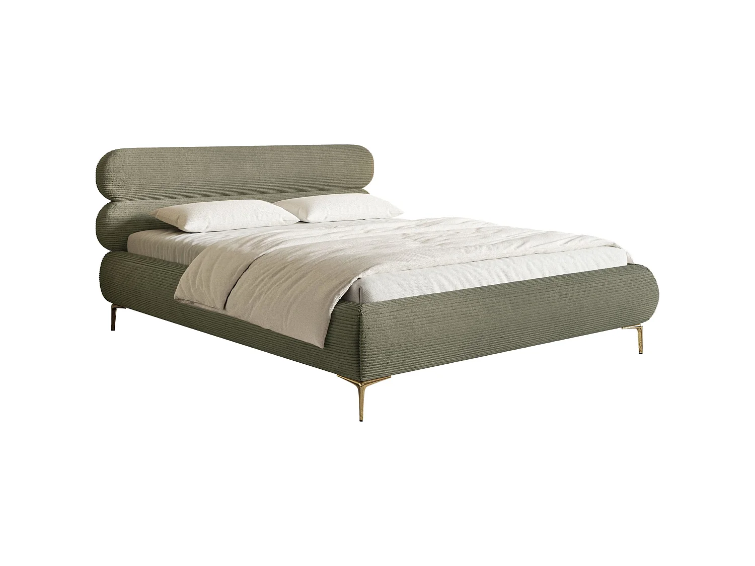 Polsterbett 180x200 mit Bettkasten – Cordstoff – goldfarbenen Füßen – Olivgrün – ROULE CORD