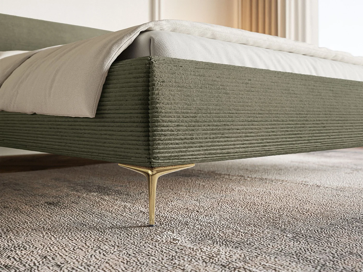 Polsterbett 180x200 mit Bettkasten – Cordstoff – goldfarbenen Füßen – Olivgrün – ROULE CORD