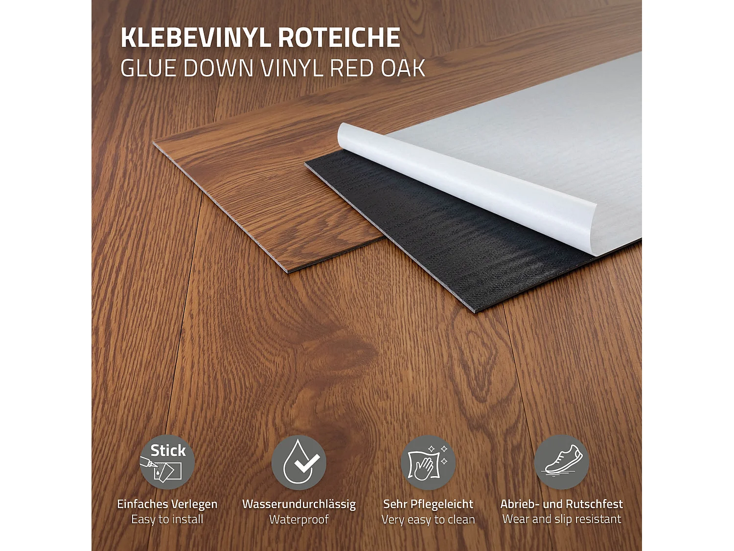 Revêtement de sol autocollant en PVC vinyle 4,46m²/32 planches 91,5 cm x 15,3 cm brun aspect chêne rouge antidérapant résistant à l'eau l'abrasion