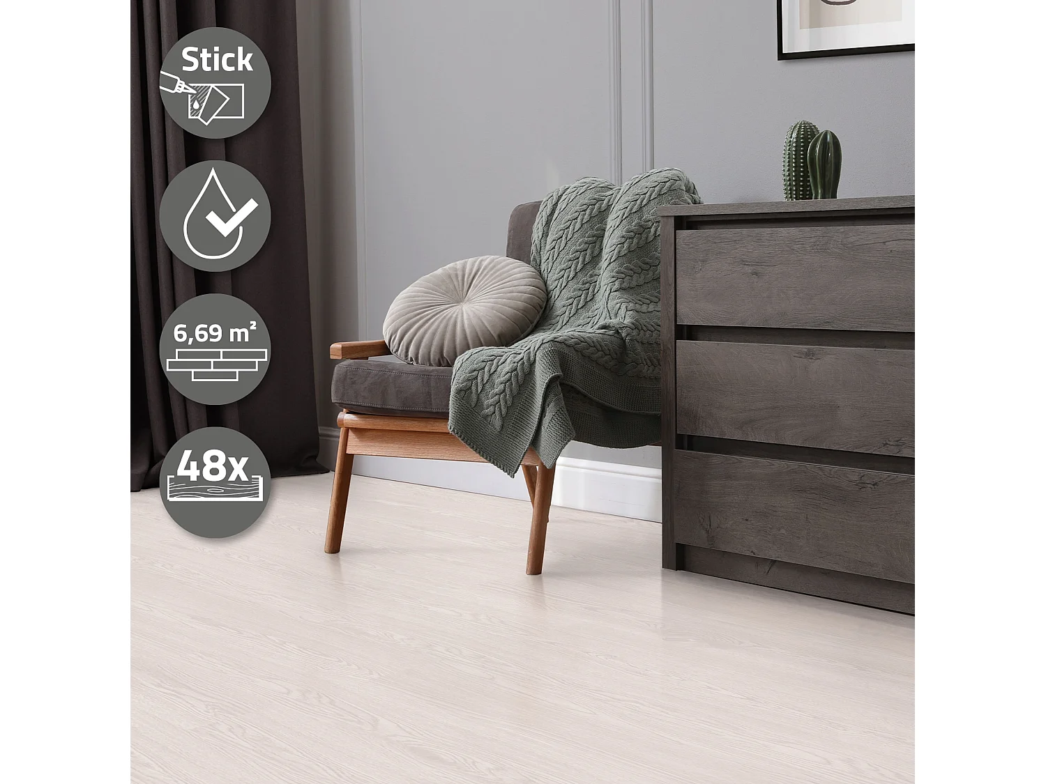 Revêtement de sol autocollant en PVC vinyle 6,69m²/48 planches 91,5 cm x 15,3 cm blanc aspect chêne antidérapant résistant à l'eau l'abrasion