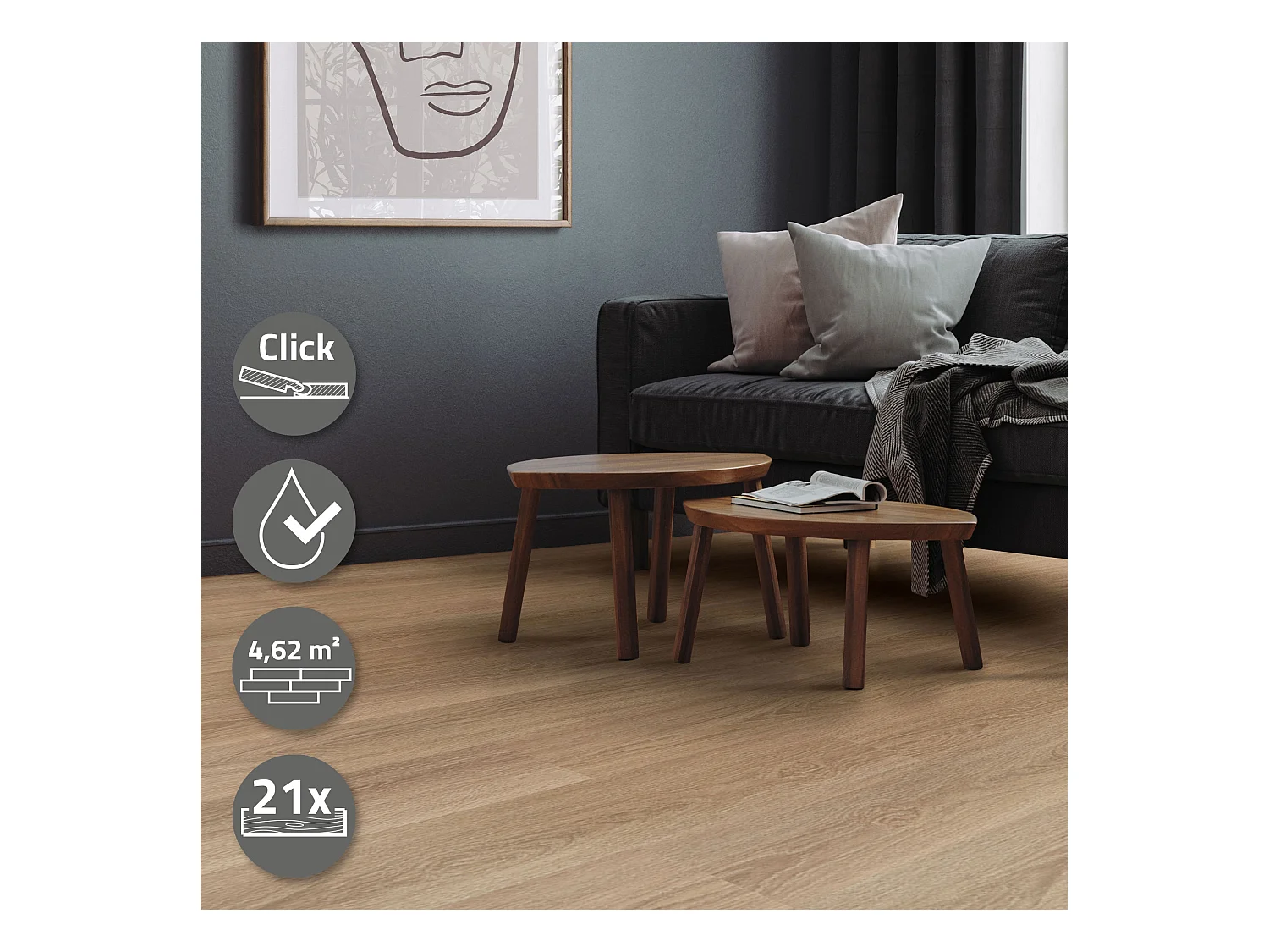 Revêtement de sol clipsable en vinyle 122cm x 18cm x 4,2mm 4,62m²/21 planches chêne marron golden hour imitation parquet pvc étanche classe charge 34