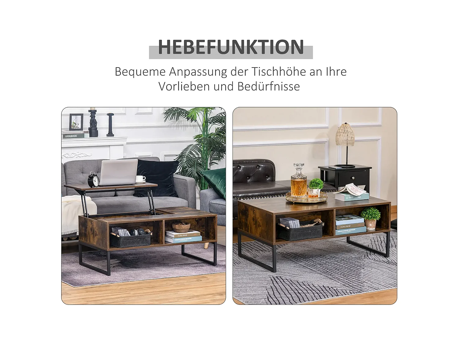 Couchtisch,Sofatisch Wohnzimmertisch Kaffeetisch mit Höhenverstellbarer 100 x 60 x 44 cm
