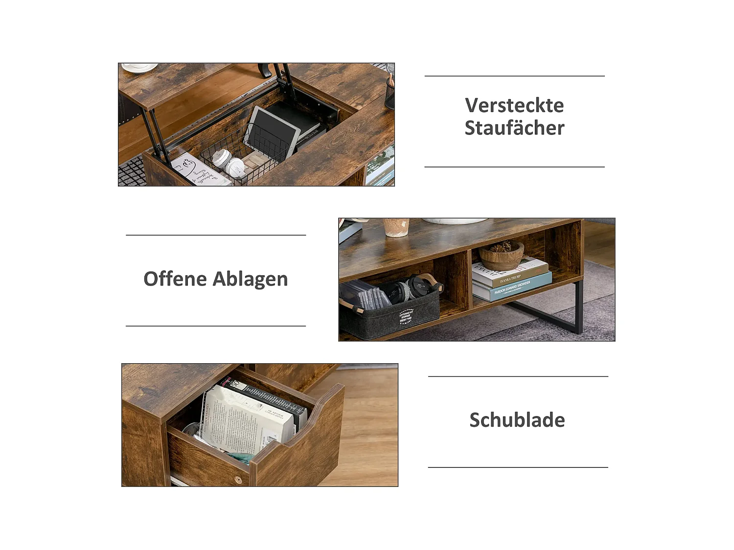 Couchtisch,Sofatisch Wohnzimmertisch Kaffeetisch mit Höhenverstellbarer 100 x 60 x 44 cm