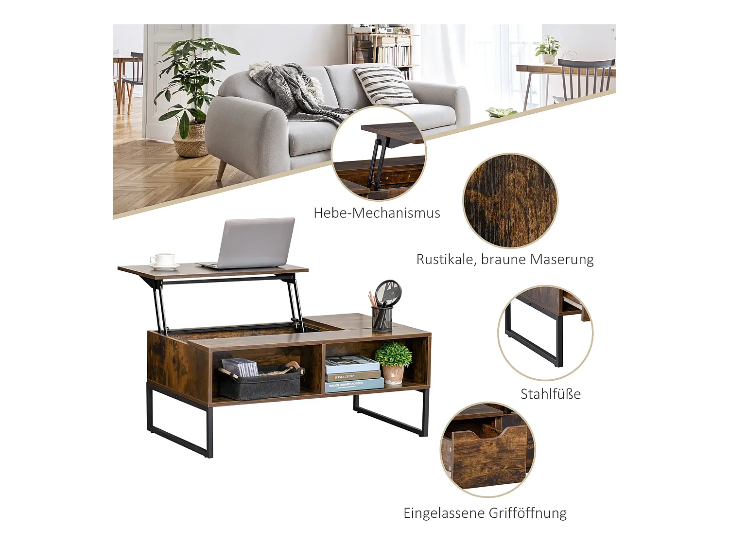 Couchtisch,Sofatisch Wohnzimmertisch Kaffeetisch mit Höhenverstellbarer 100 x 60 x 44 cm