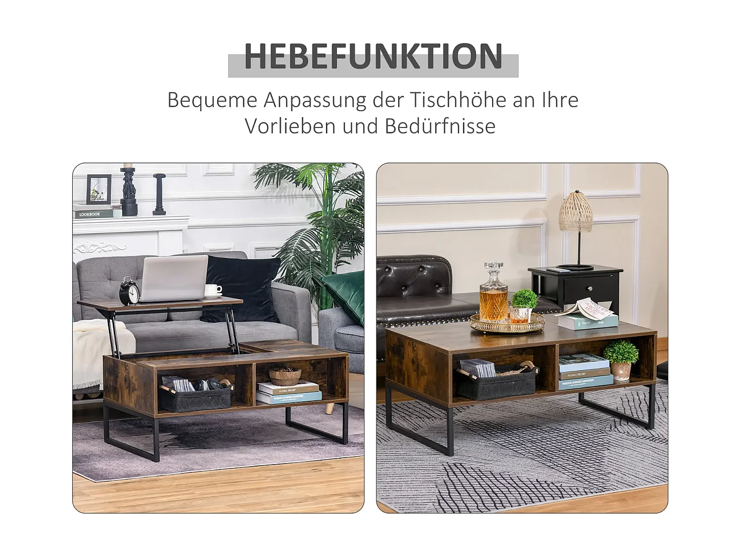 Couchtisch,Sofatisch Wohnzimmertisch Kaffeetisch mit Höhenverstellbarer 100 x 60 x 44 cm
