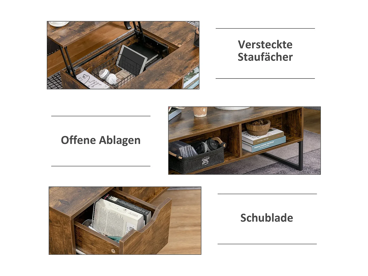 Couchtisch,Sofatisch Wohnzimmertisch Kaffeetisch mit Höhenverstellbarer 100 x 60 x 44 cm