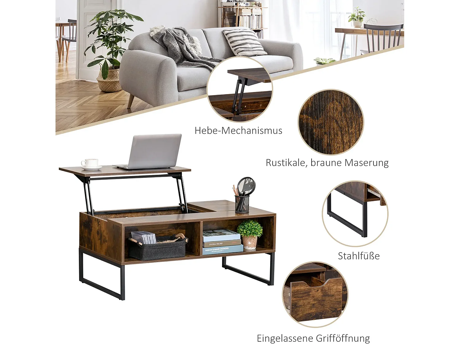 Couchtisch,Sofatisch Wohnzimmertisch Kaffeetisch mit Höhenverstellbarer 100 x 60 x 44 cm