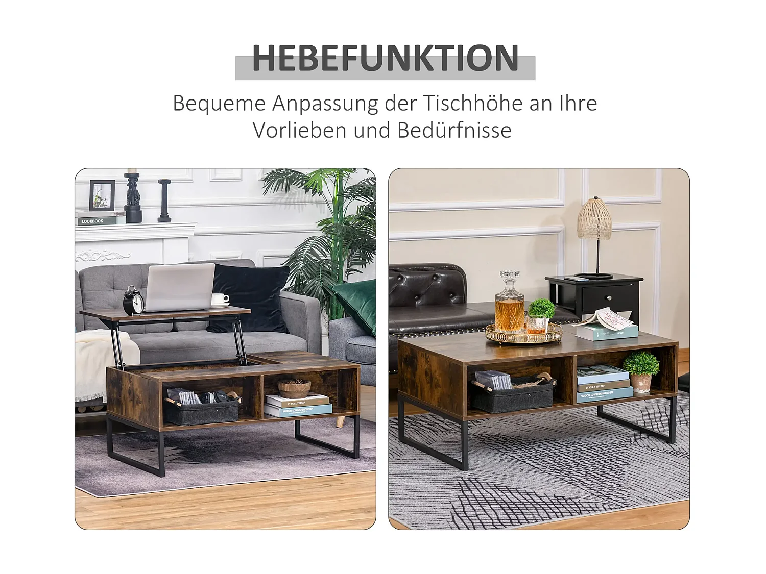 Couchtisch,Sofatisch Wohnzimmertisch Kaffeetisch mit Höhenverstellbarer 100 x 60 x 44 cm