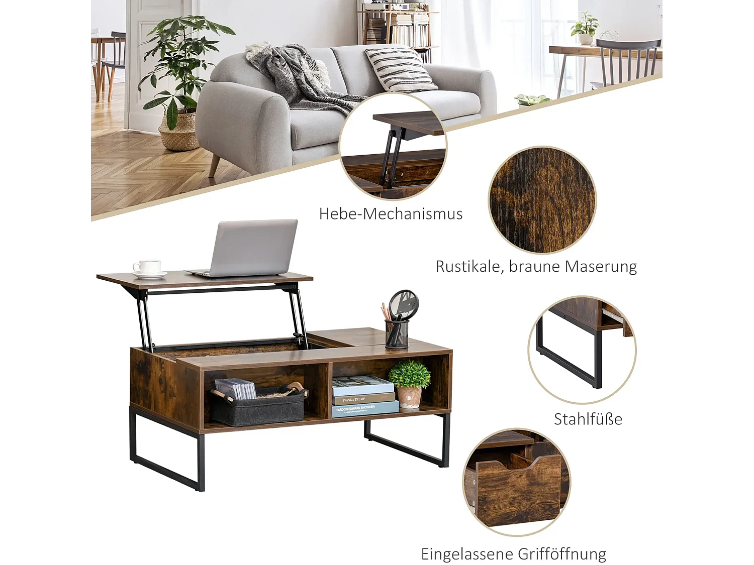 Couchtisch,Sofatisch Wohnzimmertisch Kaffeetisch mit Höhenverstellbarer 100 x 60 x 44 cm