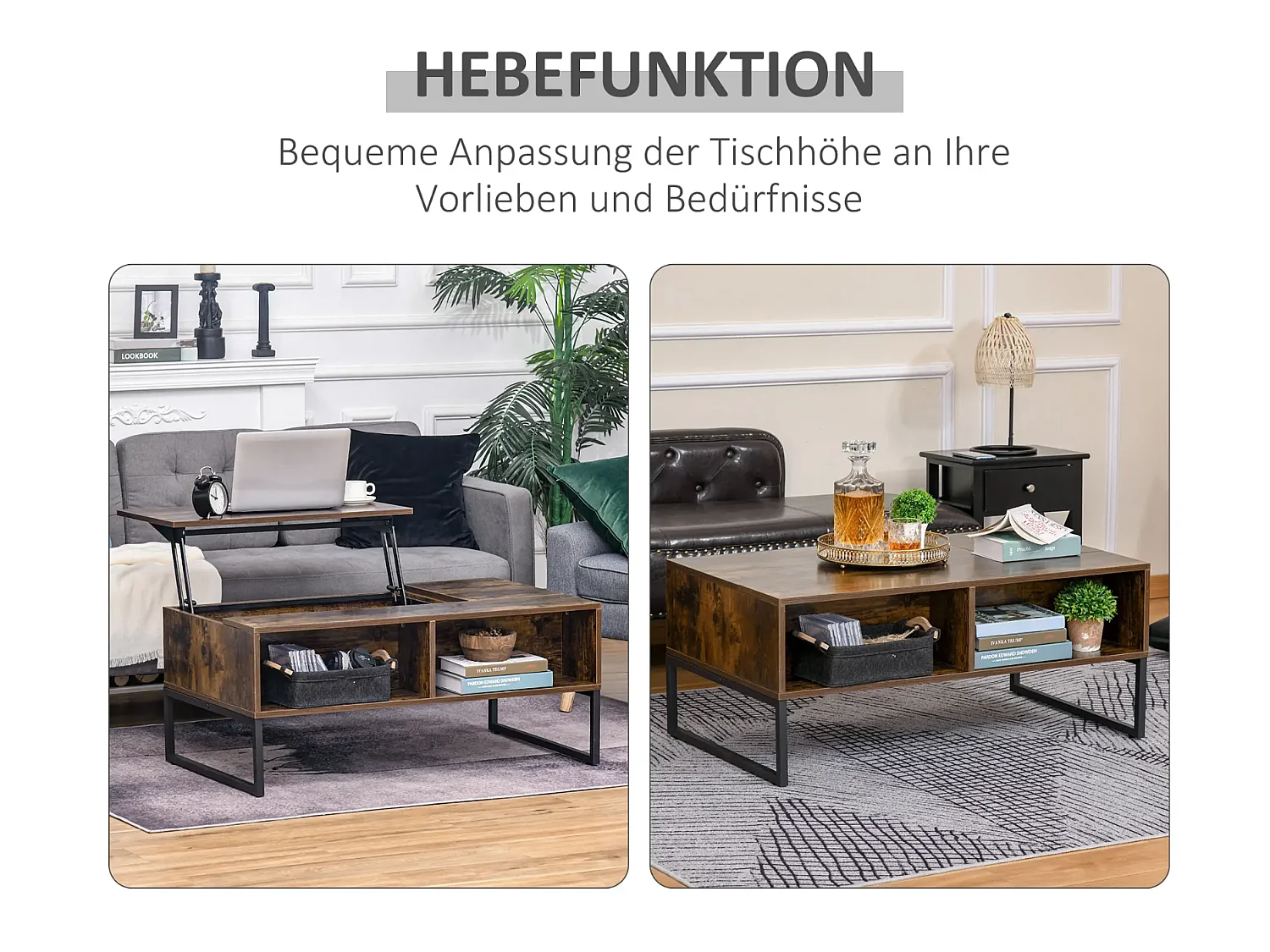 Couchtisch,Sofatisch Wohnzimmertisch Kaffeetisch mit Höhenverstellbarer 100 x 60 x 44 cm