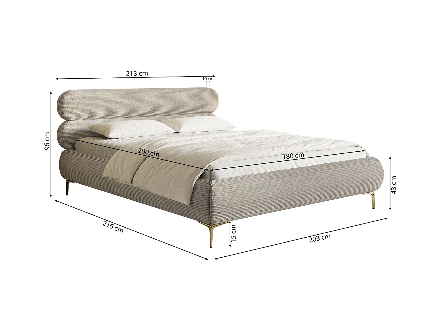 Polsterbett 180x200 mit Bettkasten – Cordstoff – goldfarbenen Füßen – Creme – ROULE CORD