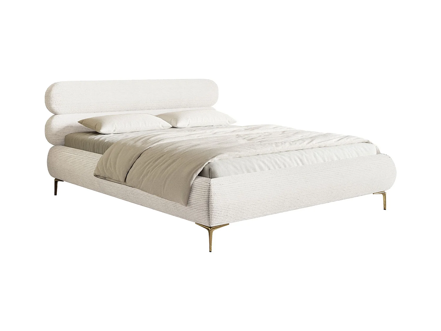 Polsterbett 180x200 mit Bettkasten – Cordstoff – goldfarbenen Füßen – Creme – ROULE CORD