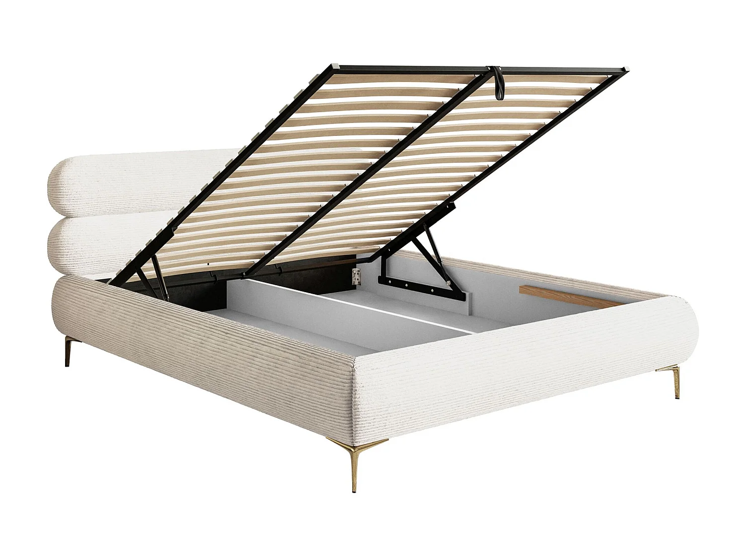 Gestoffeerd bed 180×200 met opbergruimte – ribfluweel en goudkleurige poten – crème – ROULE CORD
