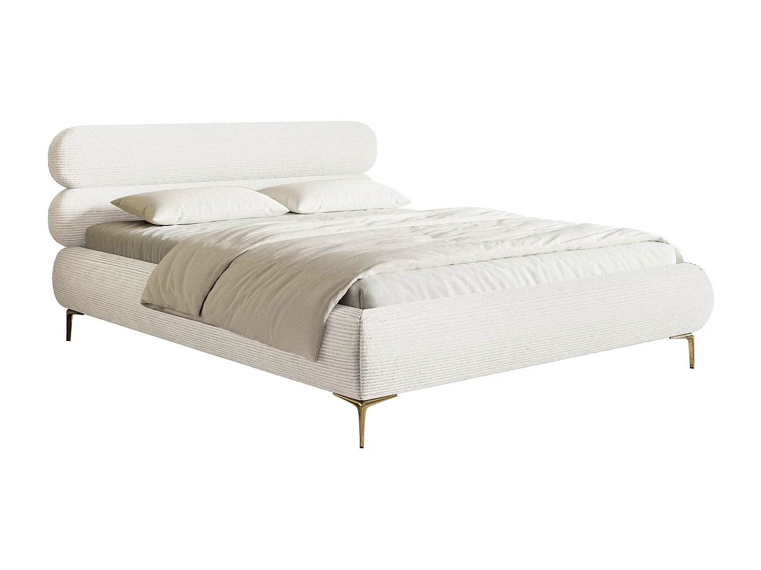 Gestoffeerd bed 180×200 met opbergruimte – ribfluweel en goudkleurige poten – crème – ROULE CORD