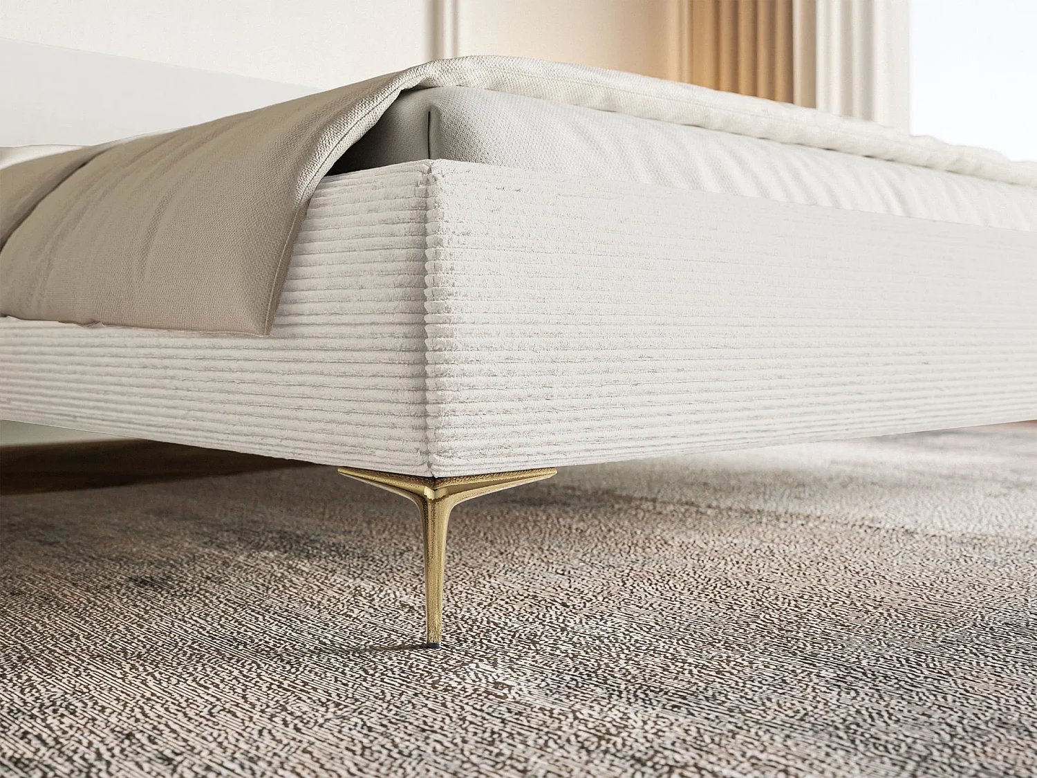 Gestoffeerd bed 180×200 met opbergruimte – ribfluweel en goudkleurige poten – crème – ROULE CORD