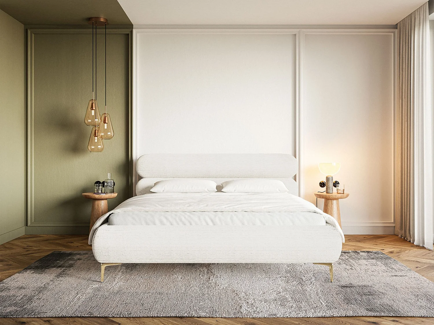 Polsterbett 180x200 mit Bettkasten – Cordstoff – goldfarbenen Füßen – Creme – ROULE CORD
