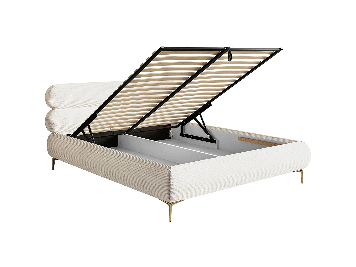 Polsterbett 180x200 mit Bettkasten – Cordstoff – goldfarbenen Füßen – Creme – ROULE CORD