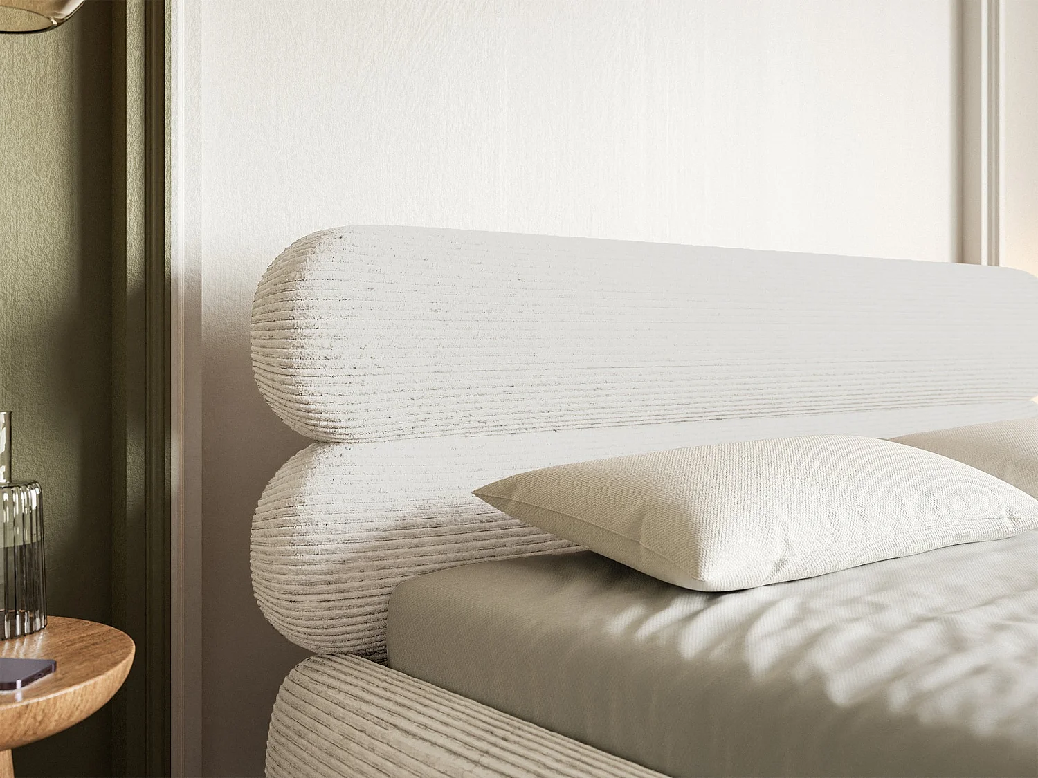 Lit tapissé 180x200 – rangement – velours côtelé – crème – ROULE CORD