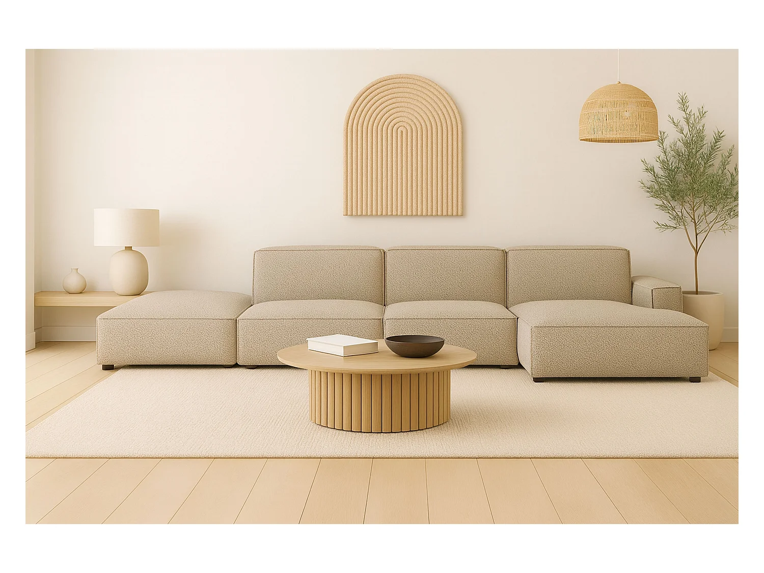 Ecksofa L-Form + Hocker Cursal, Stoff Artico, Beige, Rechts