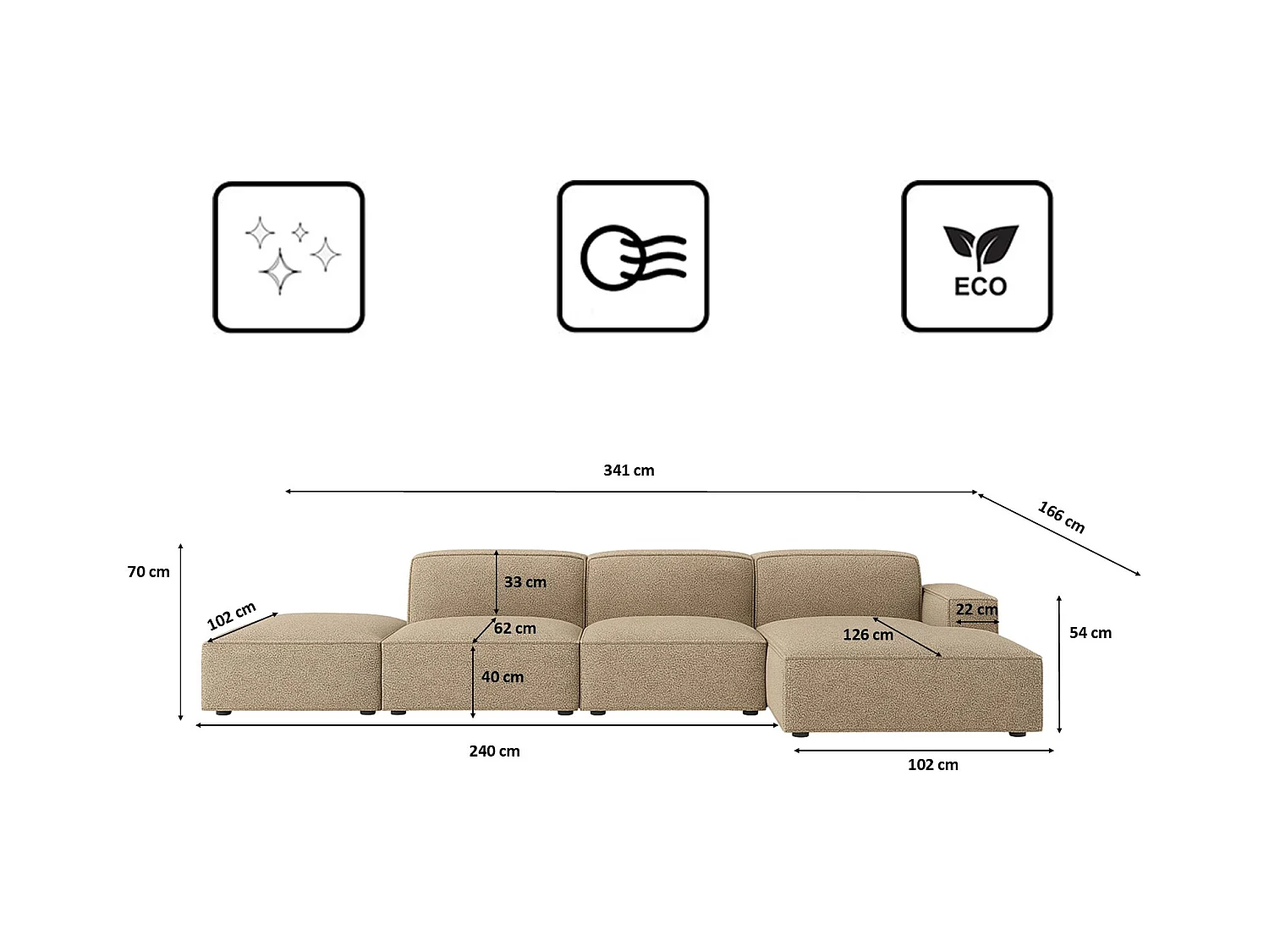 Ecksofa L-Form + Hocker Cursal, Stoff Artico, Beige, Rechts