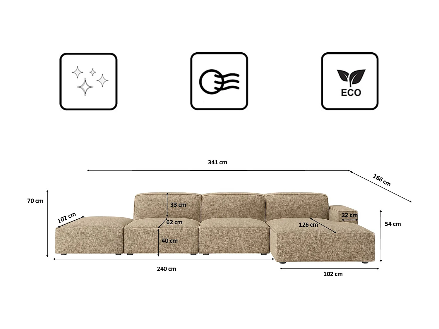 Hoekbank L-vorm + poef Cursal, stof Artico, beige, rechts