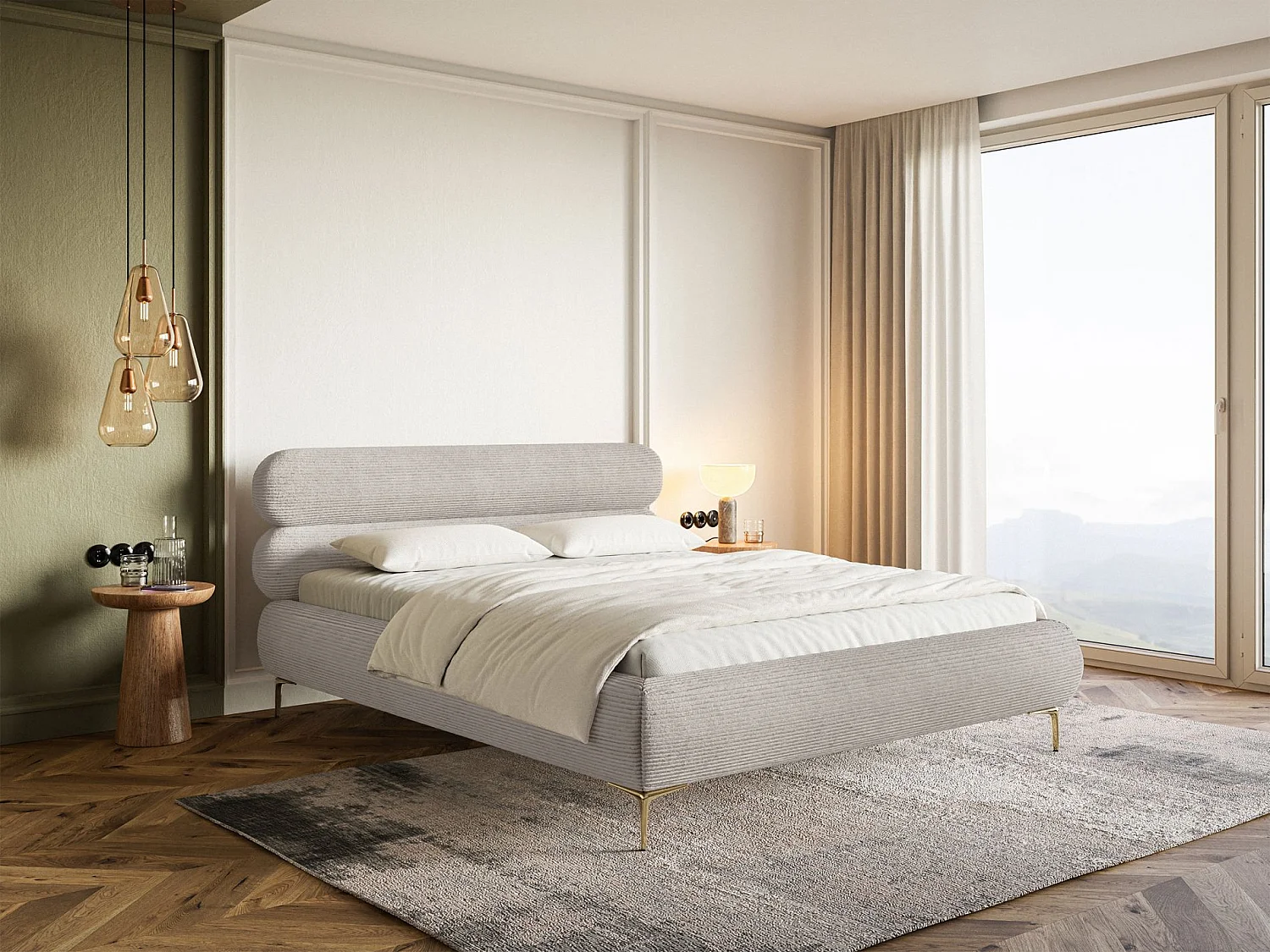 Lit tapissé 140x200 – rangement – velours côtelé – greige – ROULE CORD