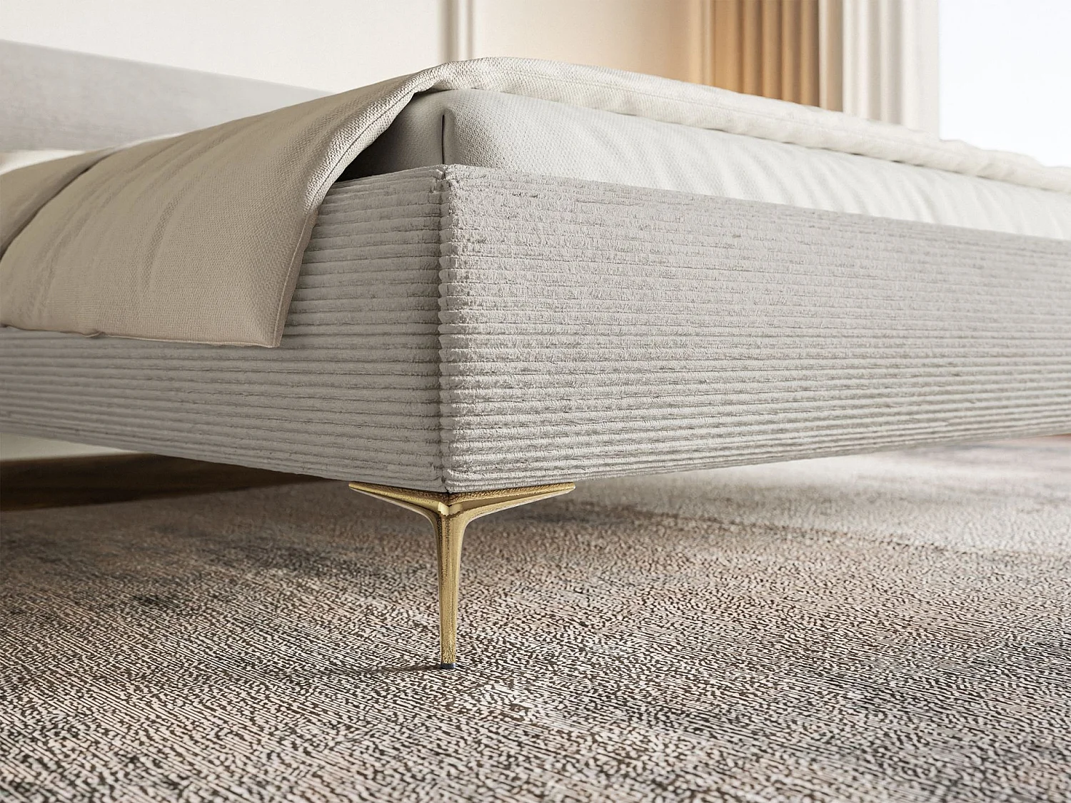 Polsterbett 140x200 mit Bettkasten – Cordstoff – goldfarbenen Füßen – Greige – ROULE CORD