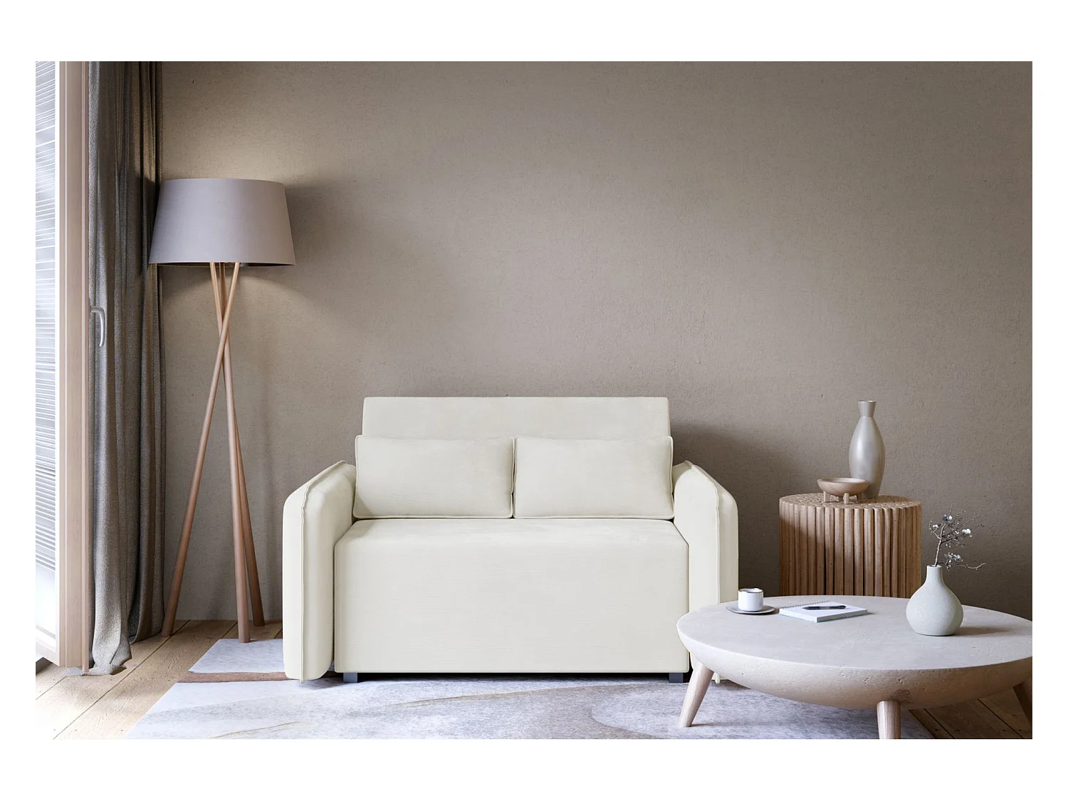 Canapé convertible 2 places – coffre – chenille hydrophobe – crème – DUELIA