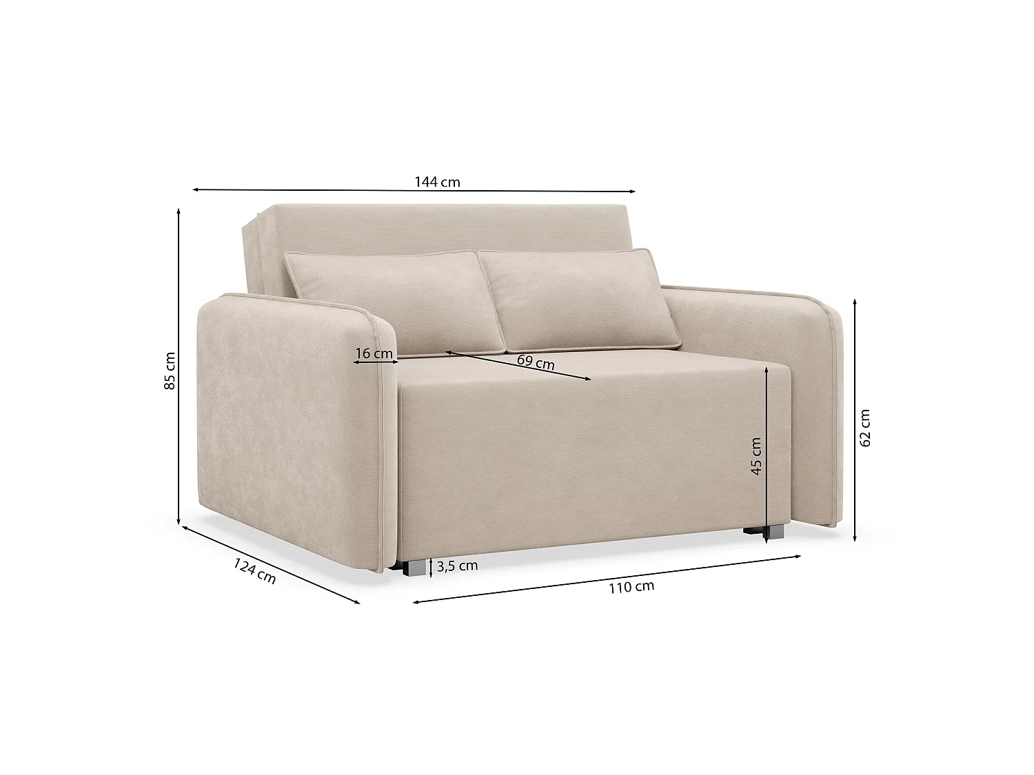 Canapé convertible 2 places – coffre – chenille hydrophobe – crème – DUELIA