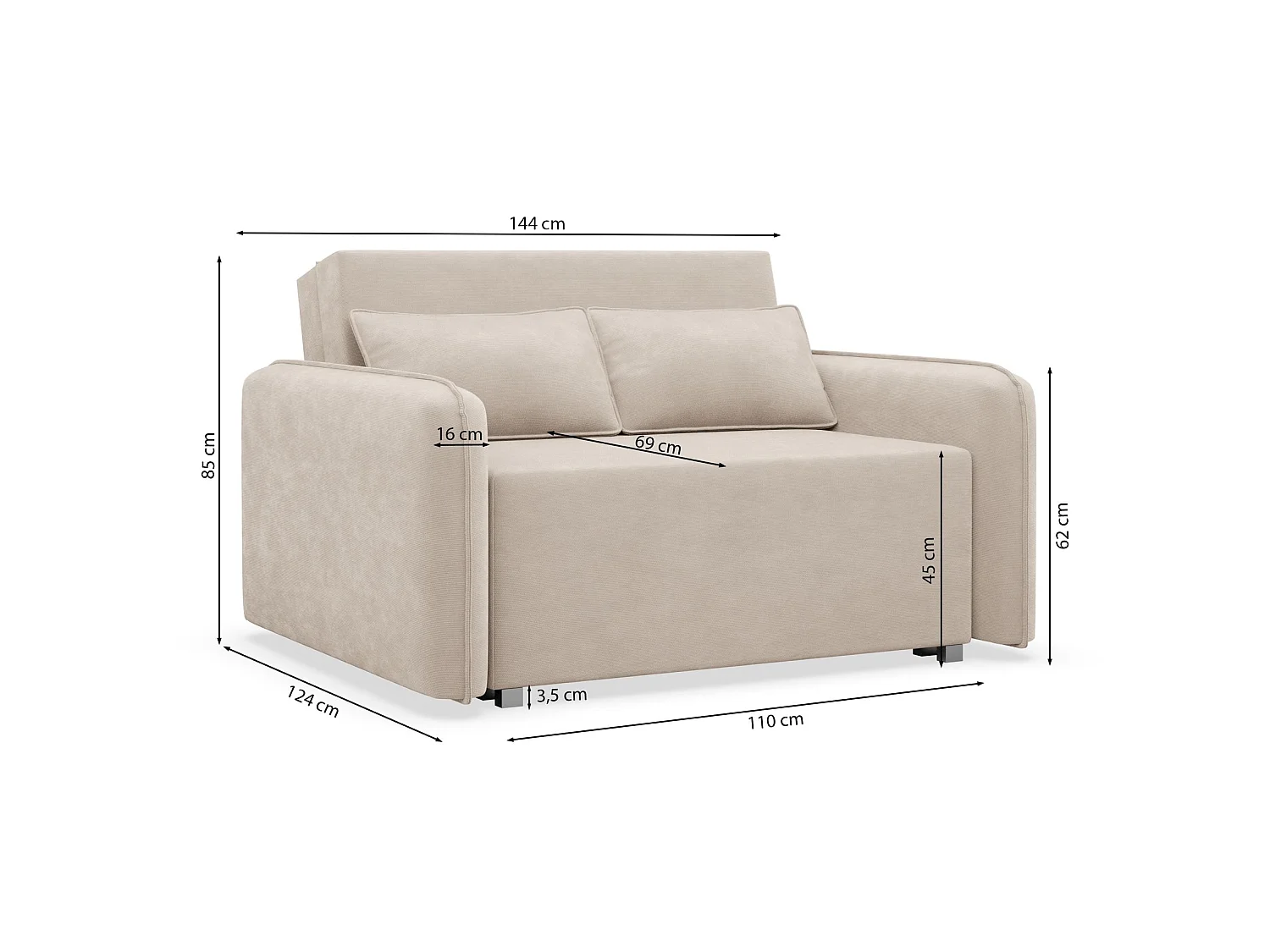 Canapé convertible 2 places – coffre – chenille hydrophobe – crème – DUELIA
