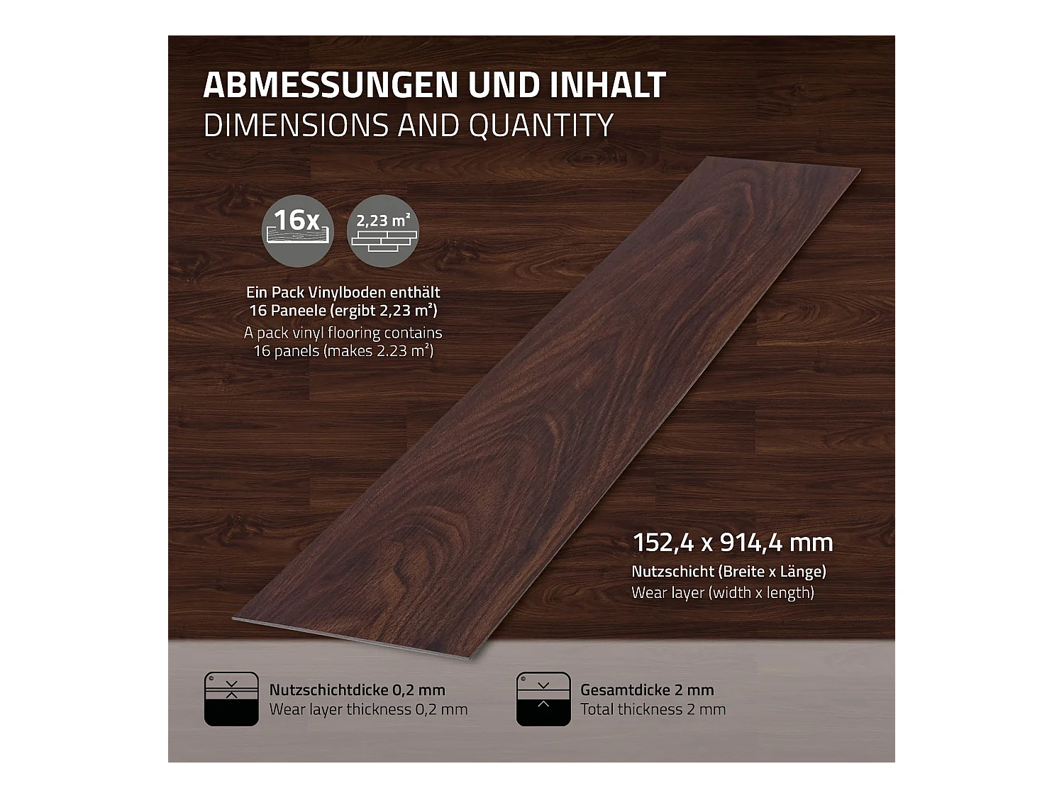 ML-Design Suelo vinílico de PVC 2,23m² color nogal marrón rojizo 16 planchas autoadhesivas 91,5x15,3cm láminas grosor 2mm efecto madera antideslizante