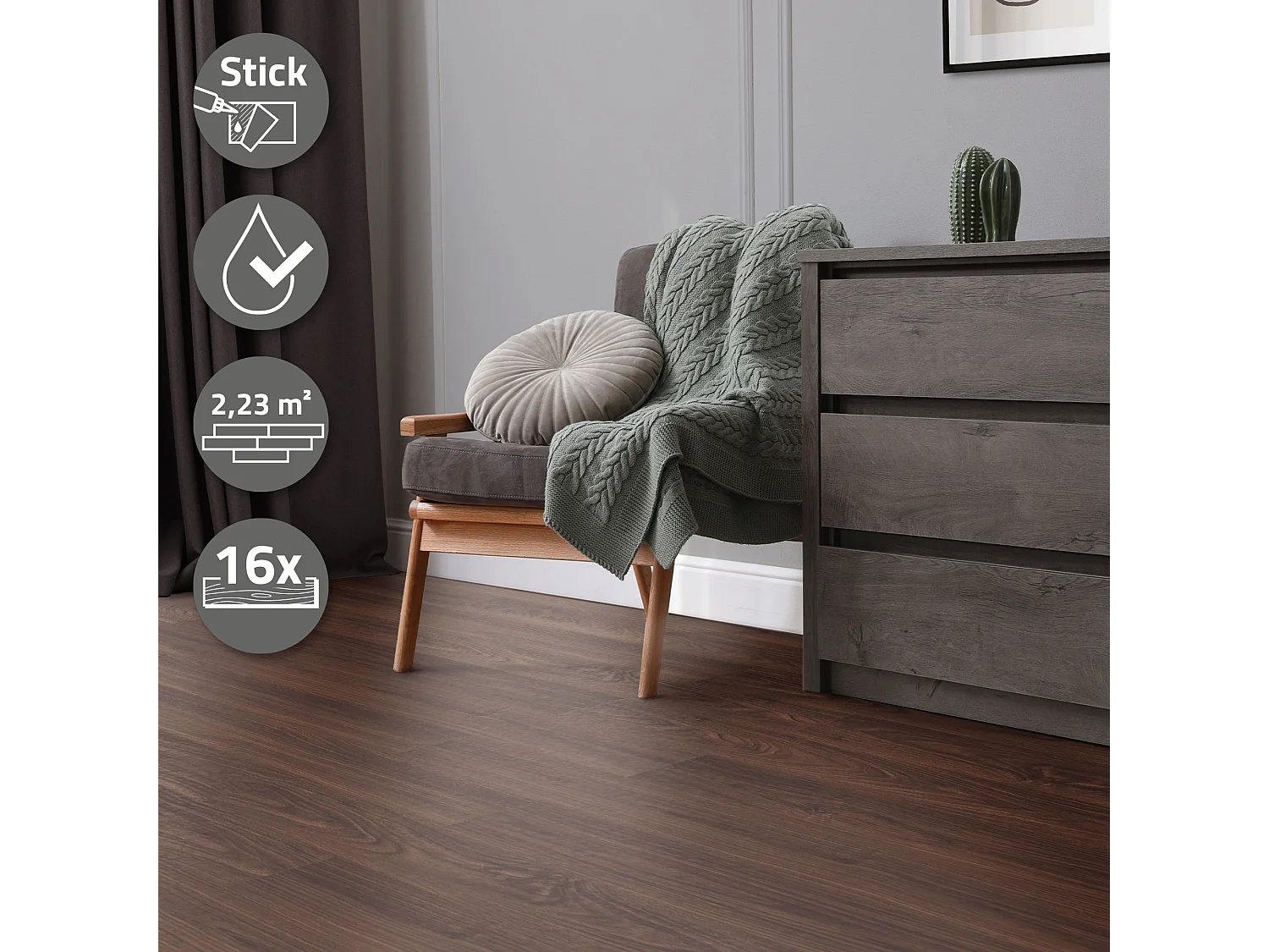 ML-Design Suelo vinílico de PVC 2,23m² color nogal marrón rojizo 16 planchas autoadhesivas 91,5x15,3cm láminas grosor 2mm efecto madera antideslizante