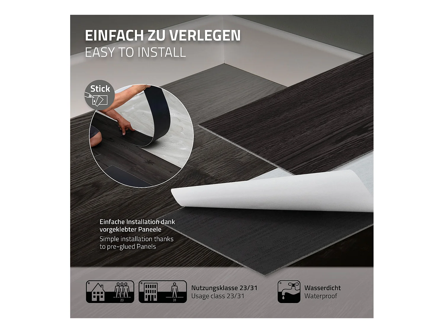 ML-Design Suelo vinílico de PVC 4,46m² color roble gris oscuro planchas sistema autoadhesivo 91,5x15,3cm láminas grosor 2 mm efecto madera