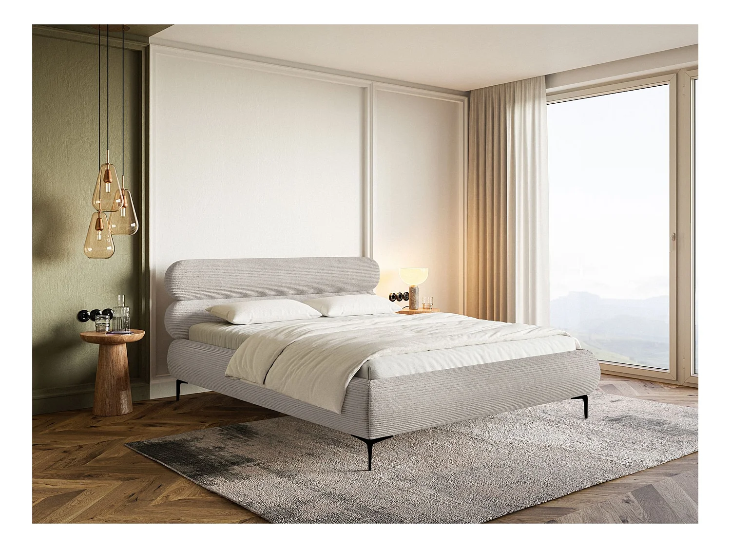 Polsterbett 160x200 mit Bettkasten – Cordstoff – schwarzen Füßen – Greige – ROULE CORD