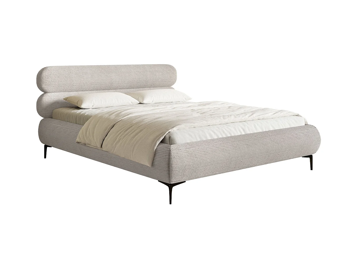 Polsterbett 160x200 mit Bettkasten – Cordstoff – schwarzen Füßen – Greige – ROULE CORD