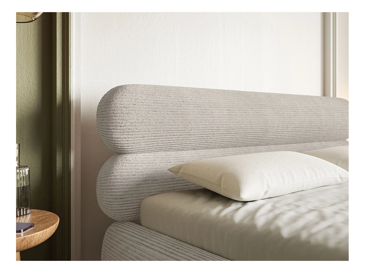 Polsterbett 160x200 mit Bettkasten – Cordstoff – schwarzen Füßen – Greige – ROULE CORD
