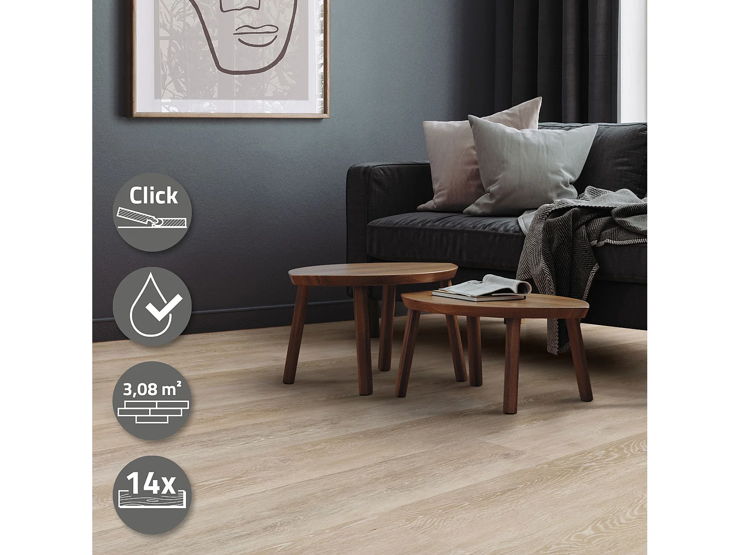 Pavimento in PVC Deluxe 122x18cm 3,08 m² 4,2mm rovere lucido 14 pezzi ad incastro vinile rivestimento aspetto legno antiscivolo impermeabile ML-Design