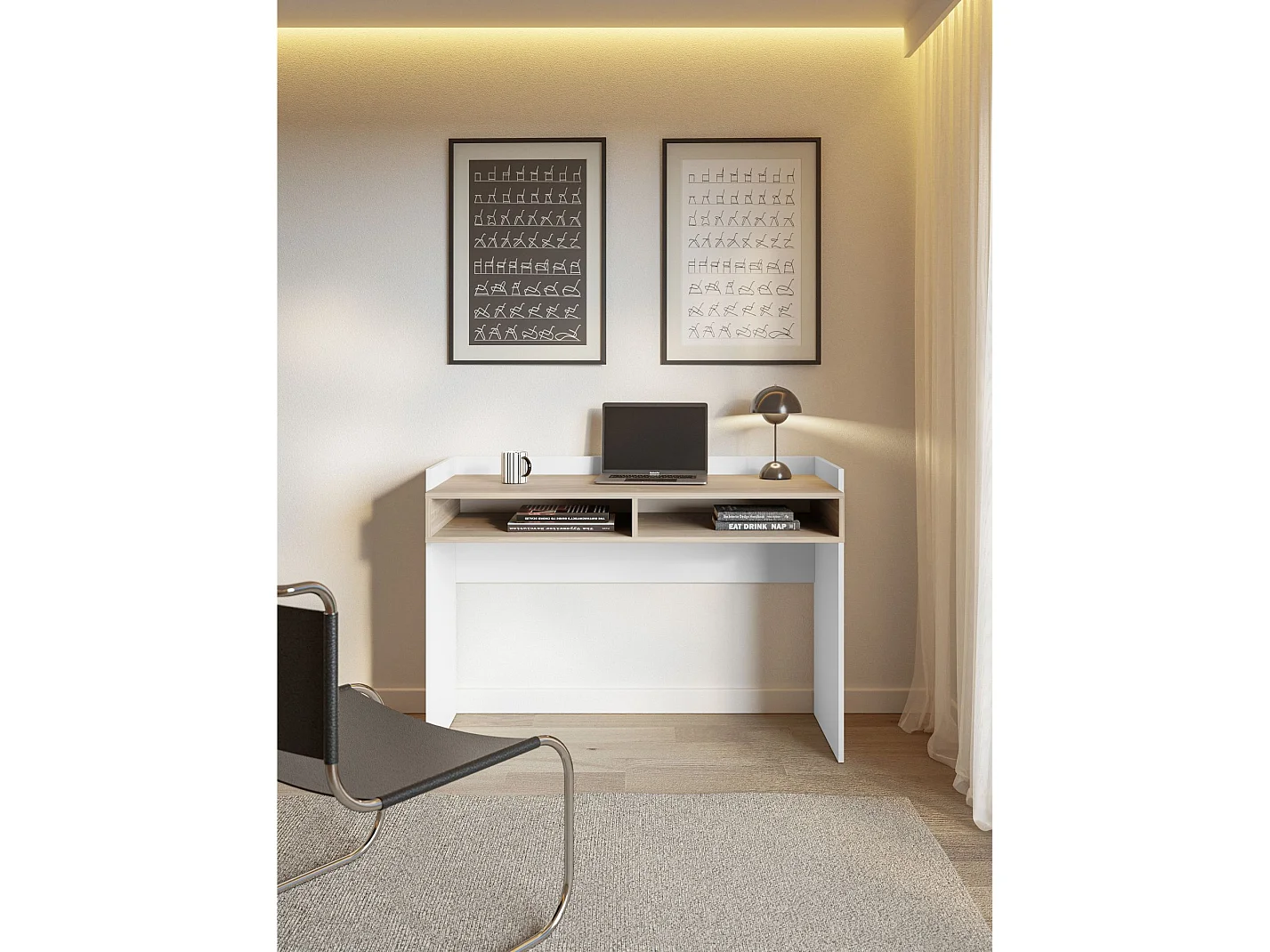Bureau avec deux niches - 120 × 53 cm - blanc et aspect noyer - TABISE