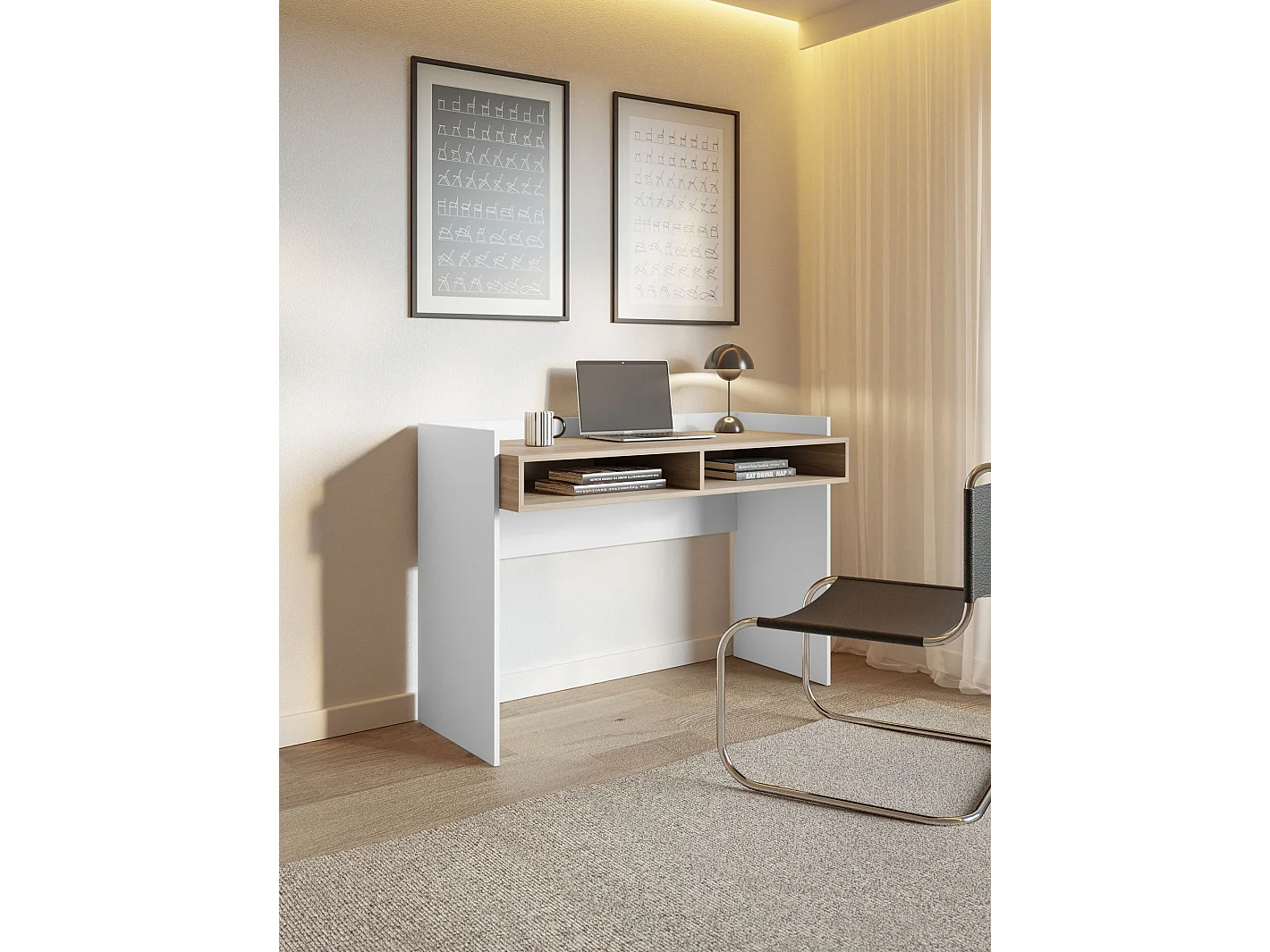 Bureau avec deux niches - 120 × 53 cm - blanc et aspect noyer - TABISE