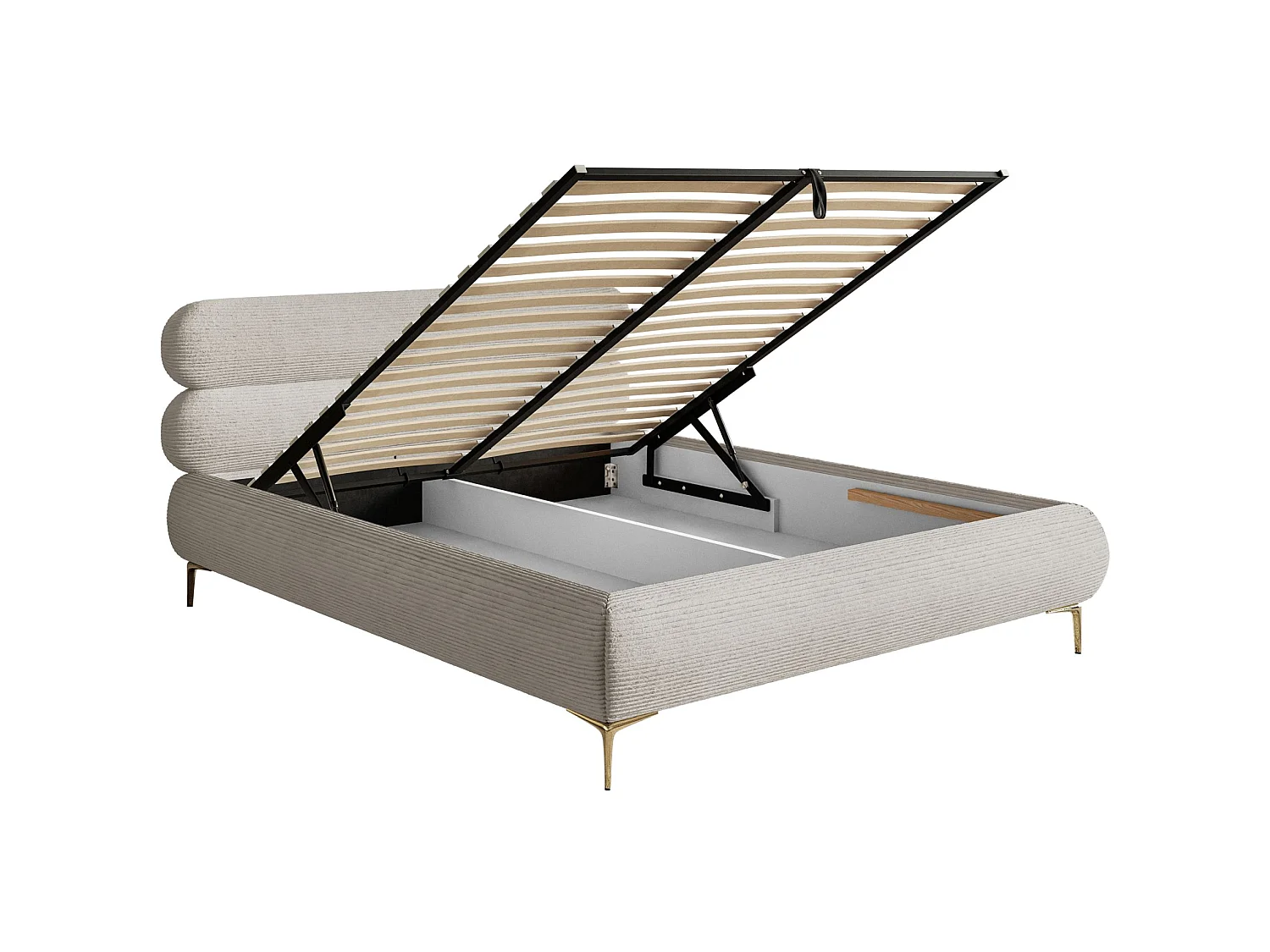 Polsterbett 180x200 mit Bettkasten – Cordstoff – goldfarbenen Füßen – Greige – ROULE CORD