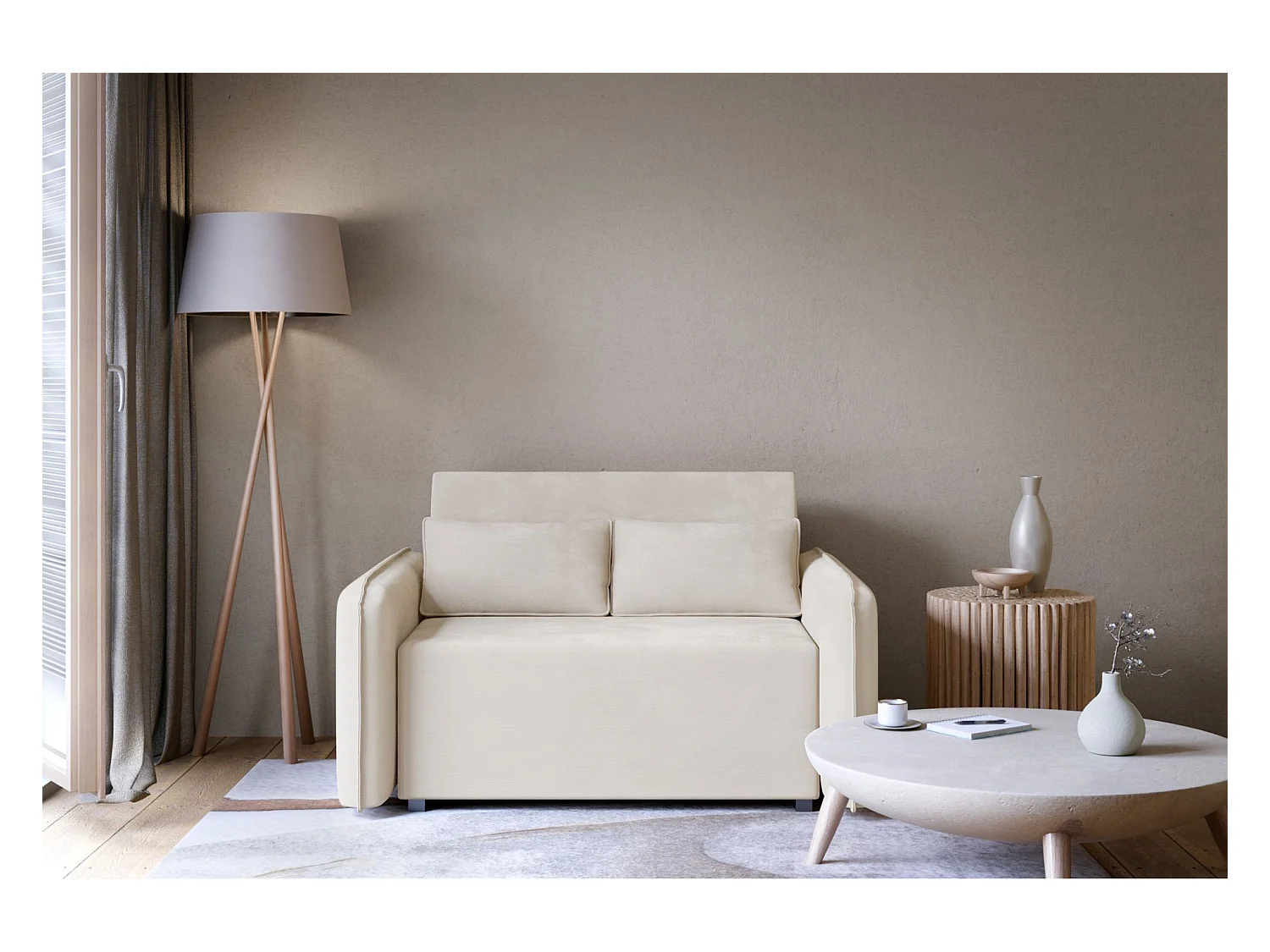 Canapé convertible 2 places – coffre – chenille hydrophobe – beige clair – DUELIA