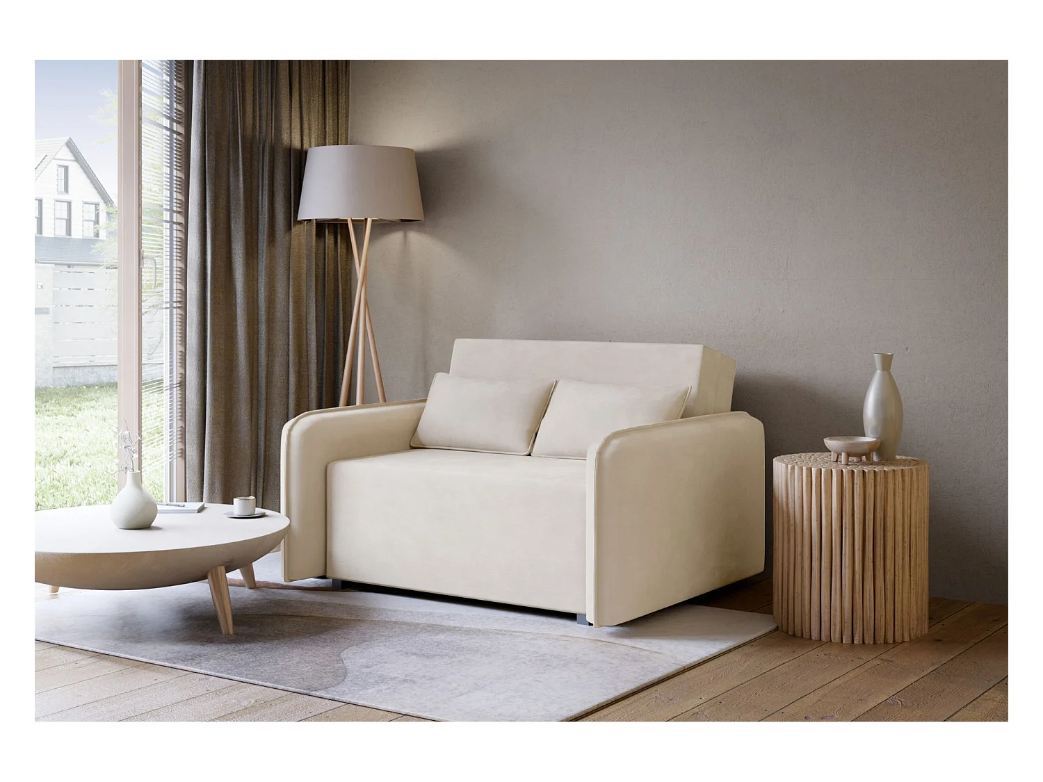Canapé convertible 2 places – coffre – chenille hydrophobe – beige clair – DUELIA