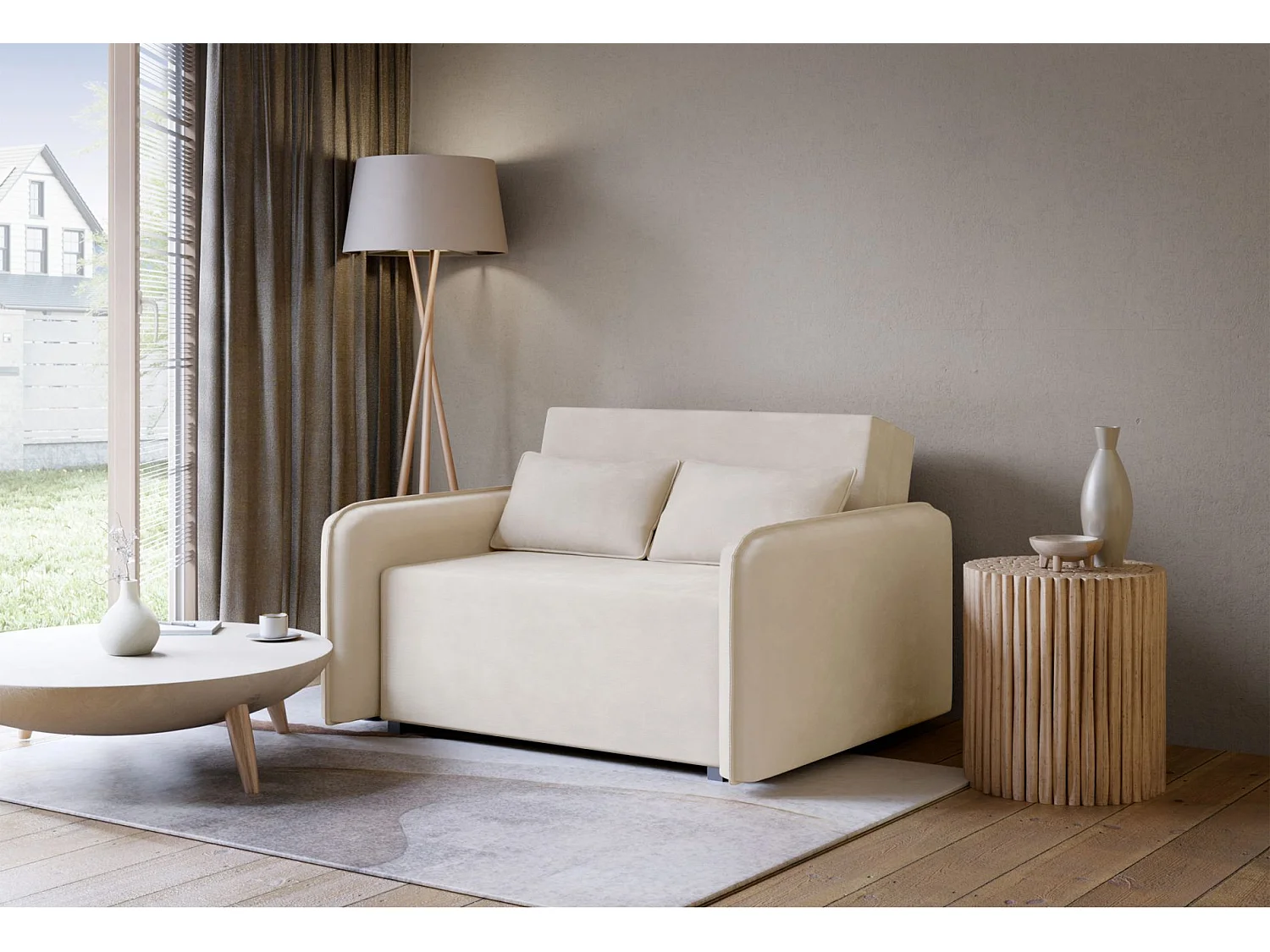 Canapé convertible 2 places – coffre – chenille hydrophobe – beige clair – DUELIA