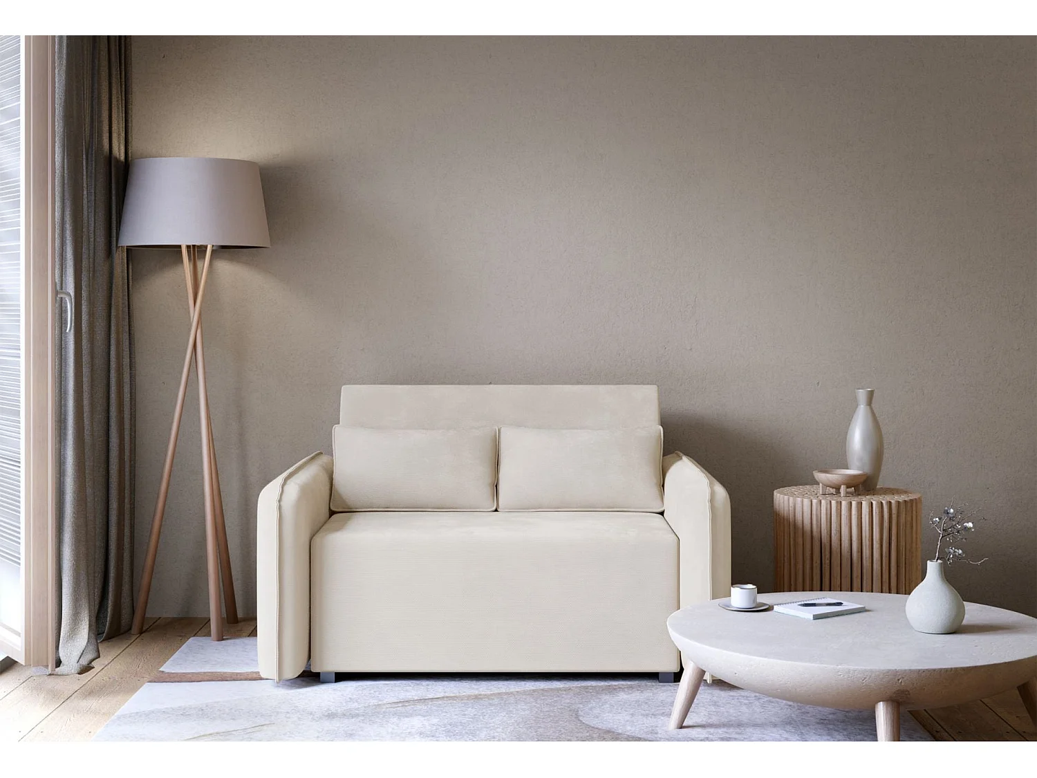 Canapé convertible 2 places – coffre – chenille hydrophobe – beige clair – DUELIA