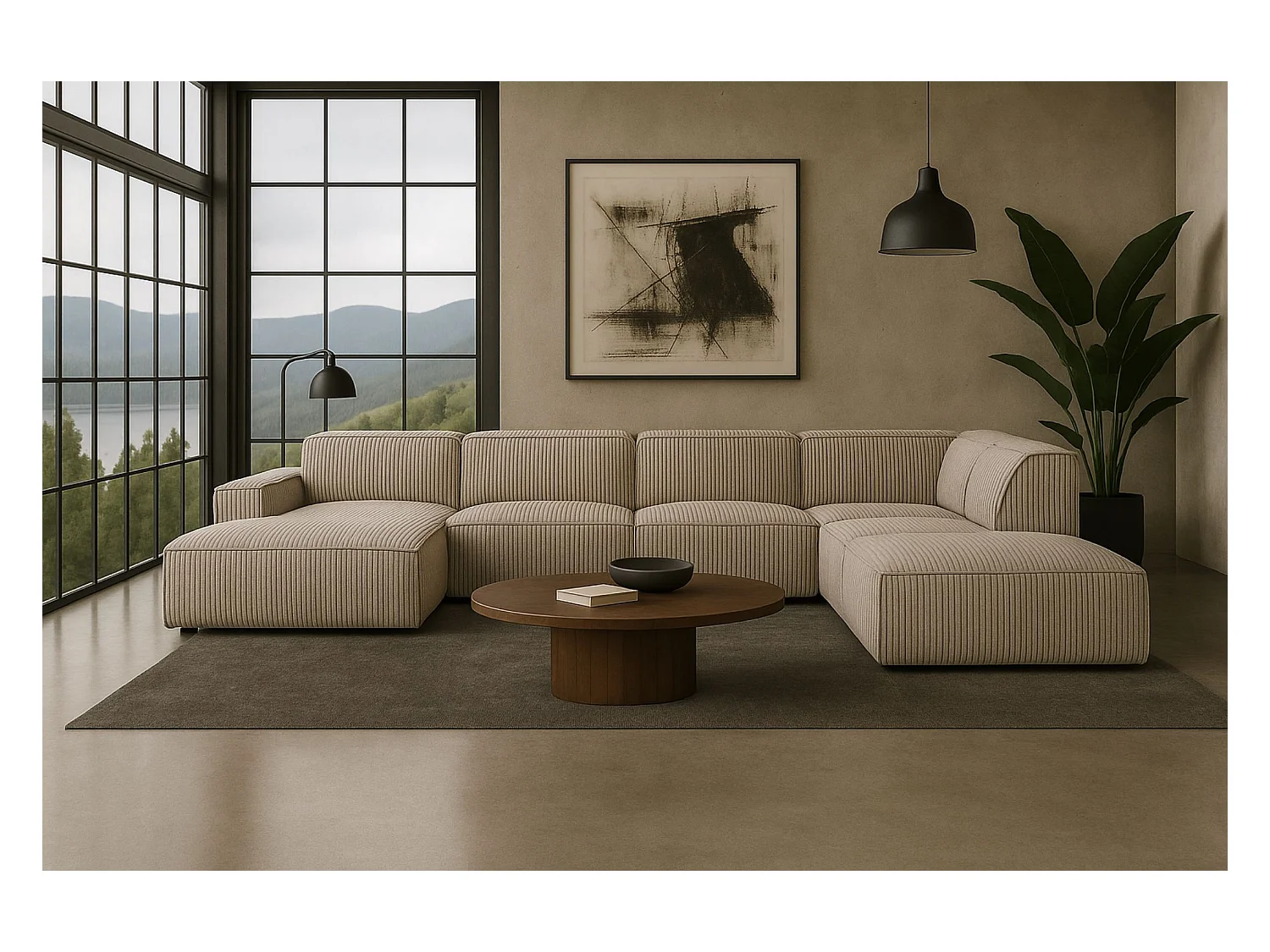 Canapé d'angle en U Cursal V, tissu Poso, beige foncé, droit