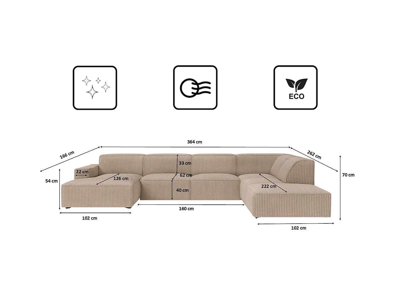 Canapé d'angle en U Cursal V, tissu Poso, beige foncé, droit