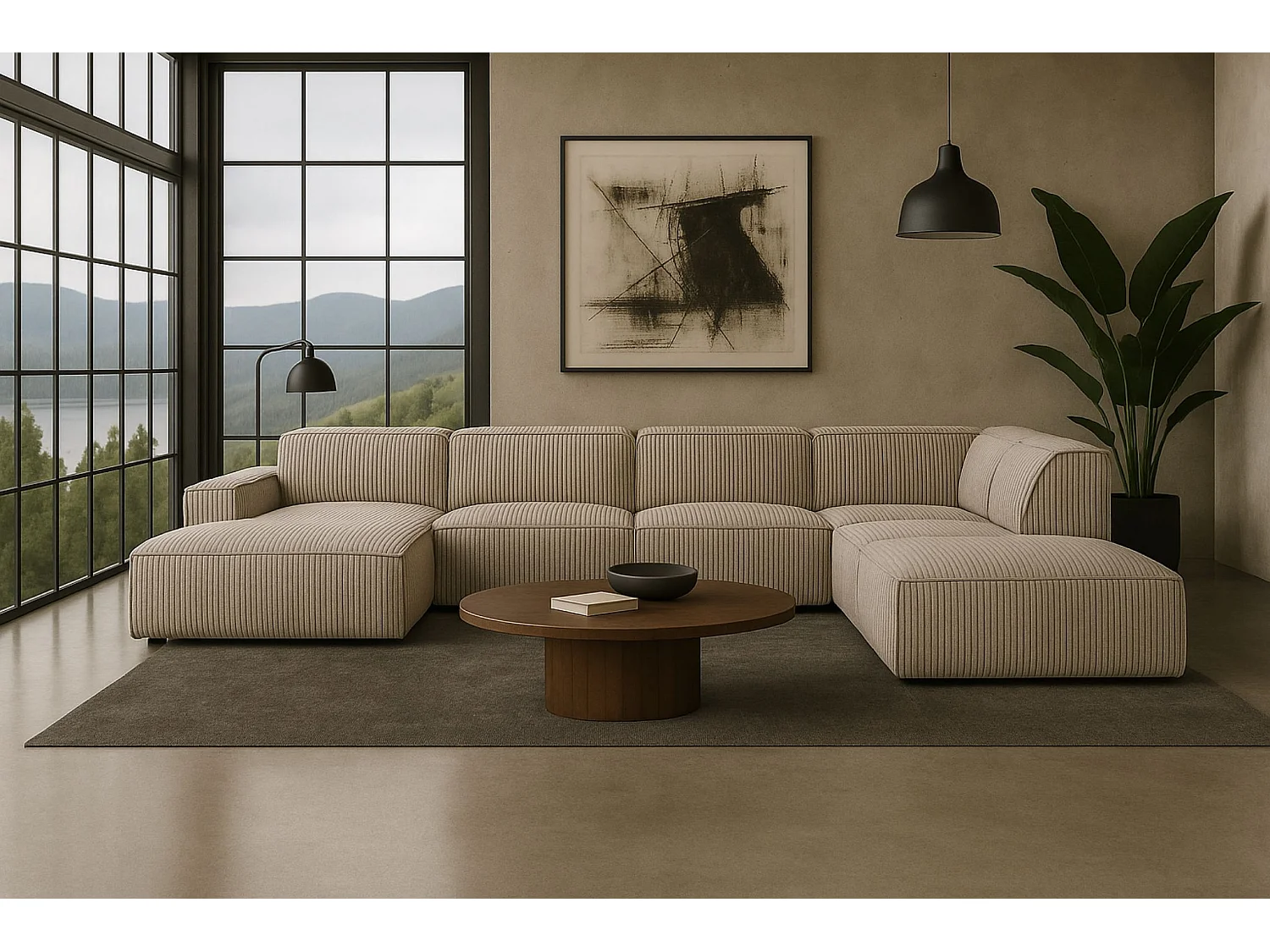 Canapé d'angle en U Cursal V, tissu Poso, beige foncé, droit