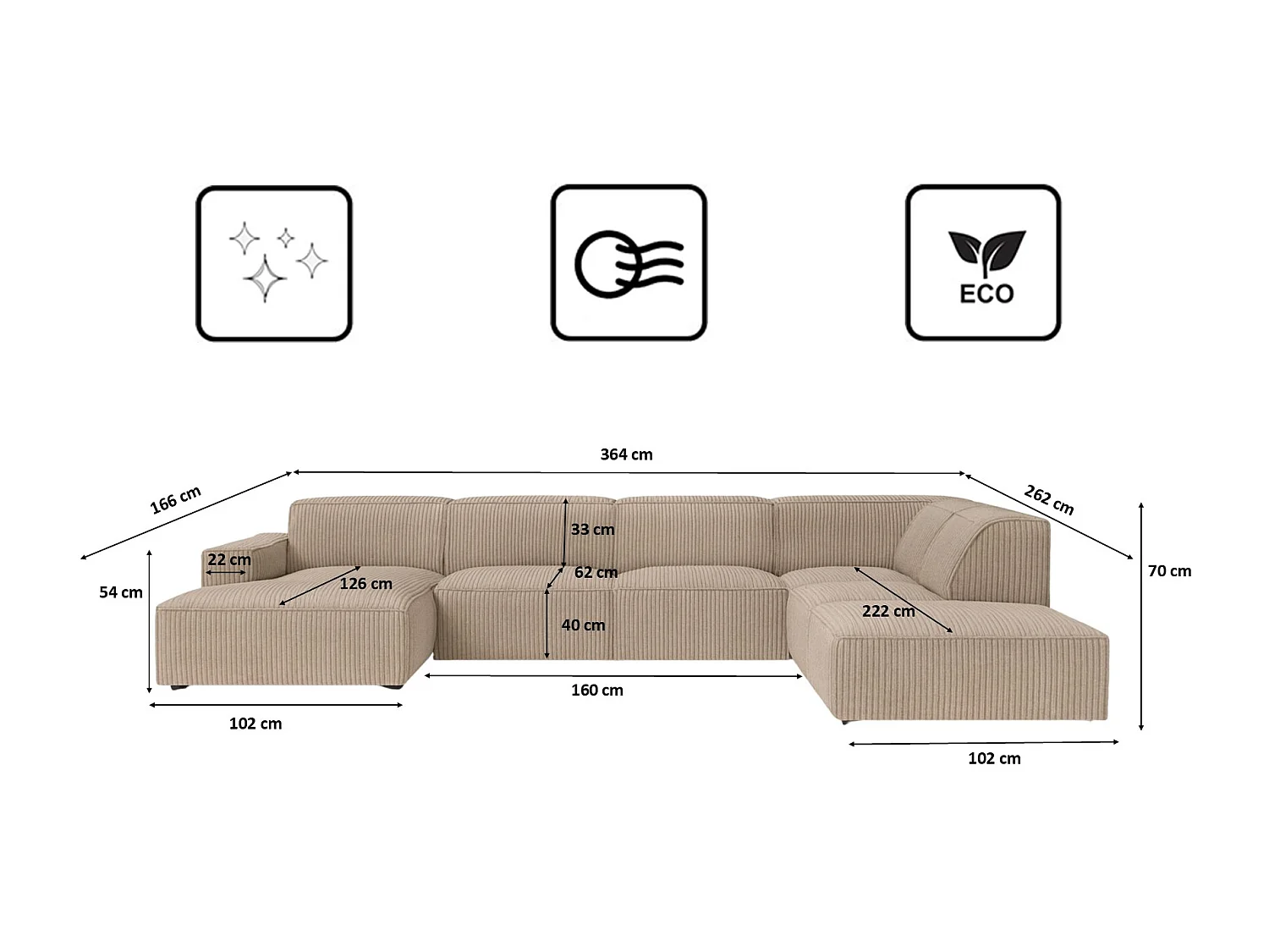 Canapé d'angle en U Cursal V, tissu Poso, beige foncé, droit